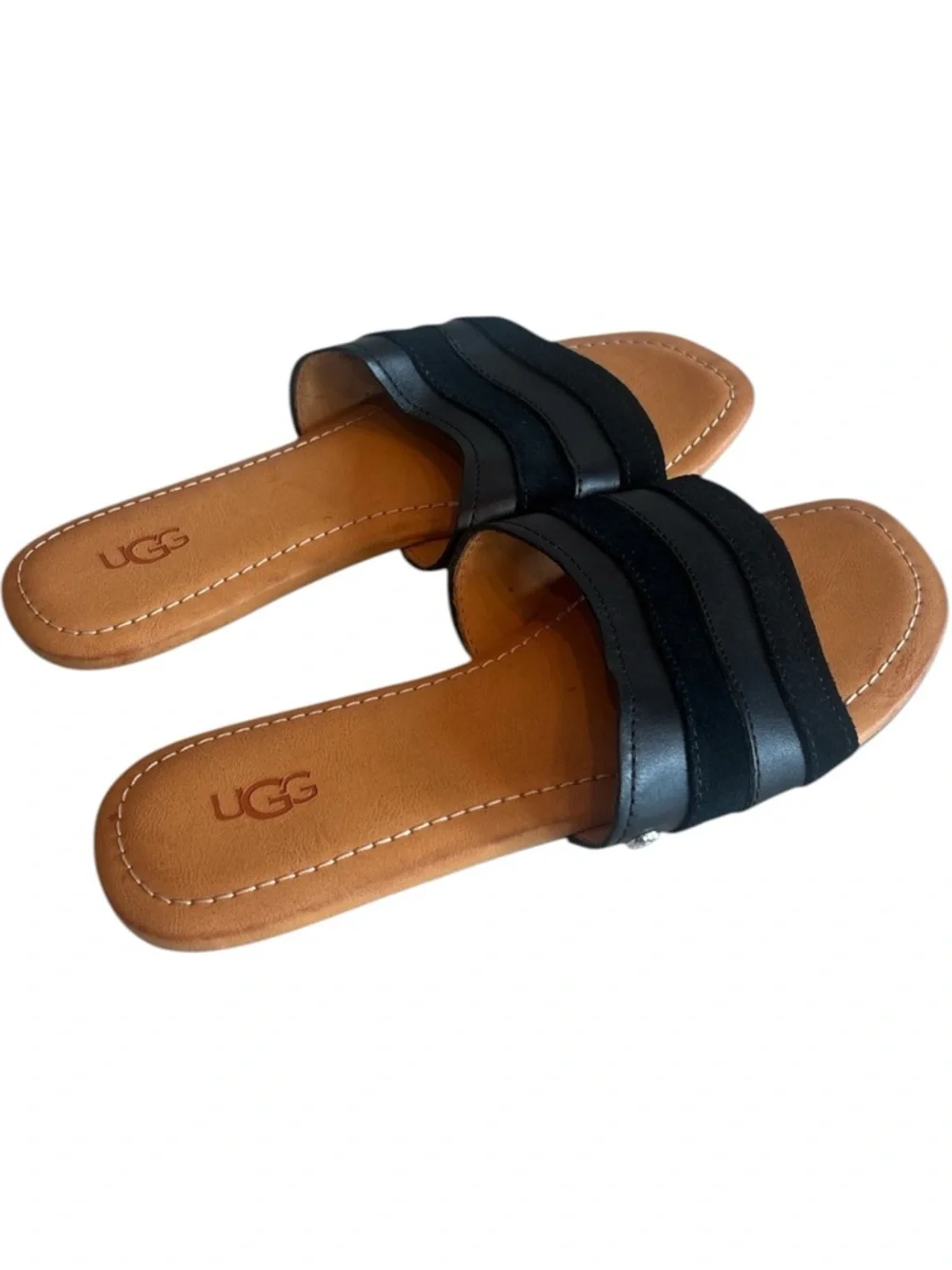 UGG Ximena Slide Black Leather Sandals  Double Strap Minimalist Slides - Picture 2 of 5